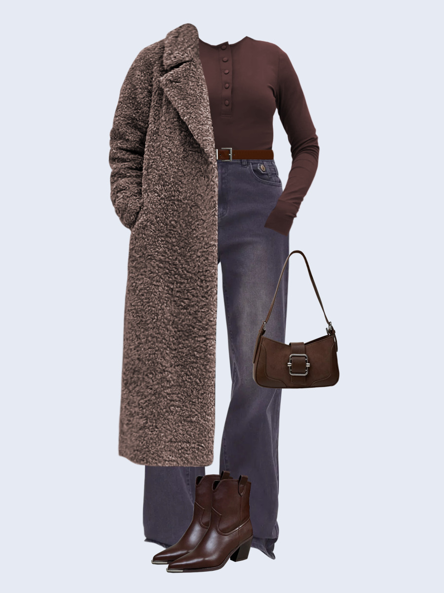 Образ с Вайлдберриз с артикулами (шуба ❄️, лонгслив, джинсы, сумка, ботильоны, ремень)