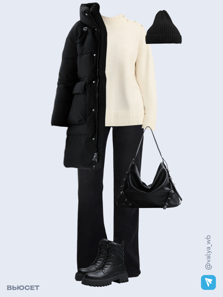 Образ с Вайлдберриз с артикулами (куртка, свитер, джинсы, сумка, ботинки, шапка)