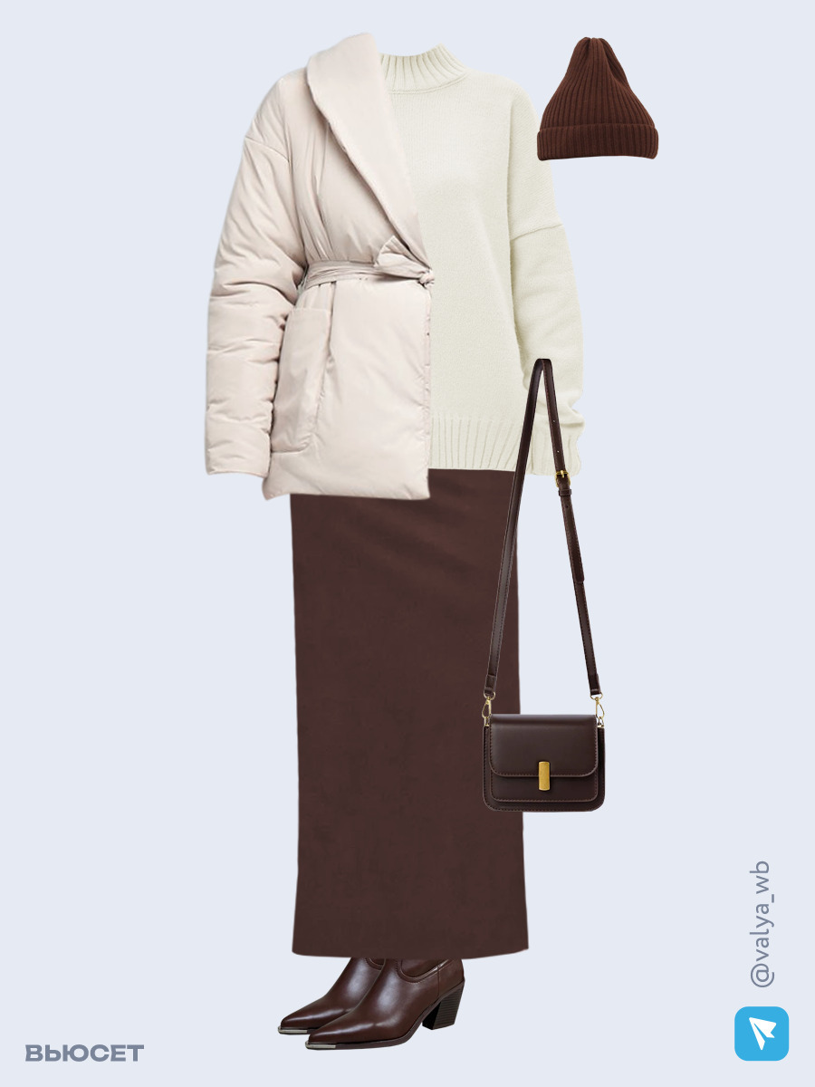Образ с Вайлдберриз с артикулами (куртка, свитер, юбка, сумка, ботильоны, шапка)