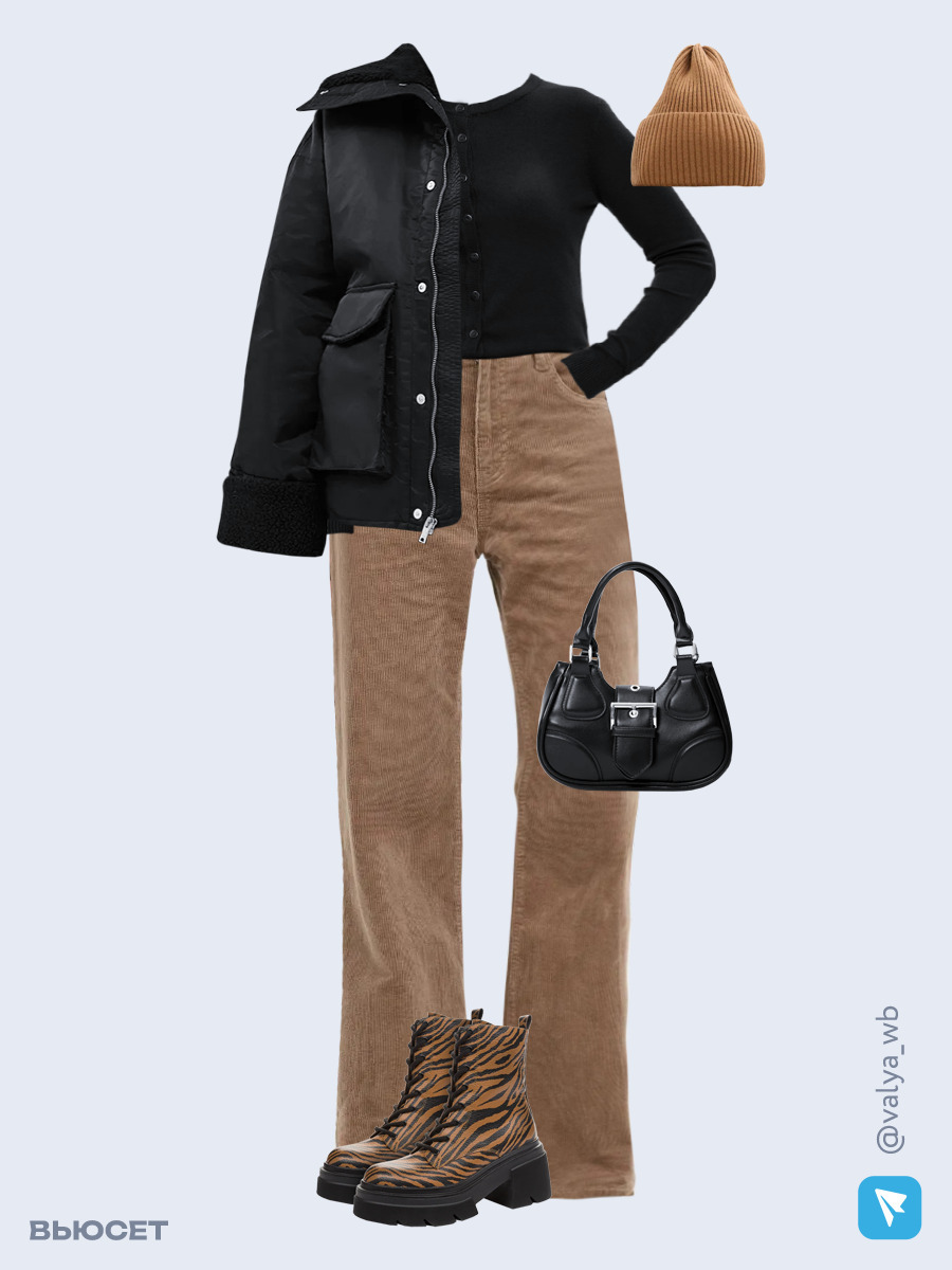 Образ с Вайлдберриз с артикулами (куртка, кардиган, брюки, сумка, ботинки, шапка)