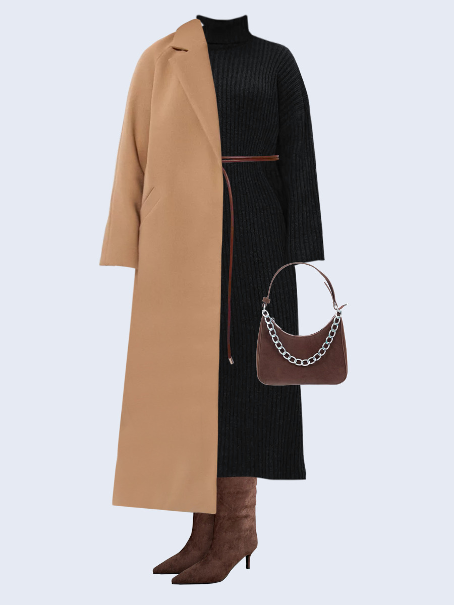 Образ с Вайлдберриз с артикулами (пальто, платье, сумка, сапоги, пояс)