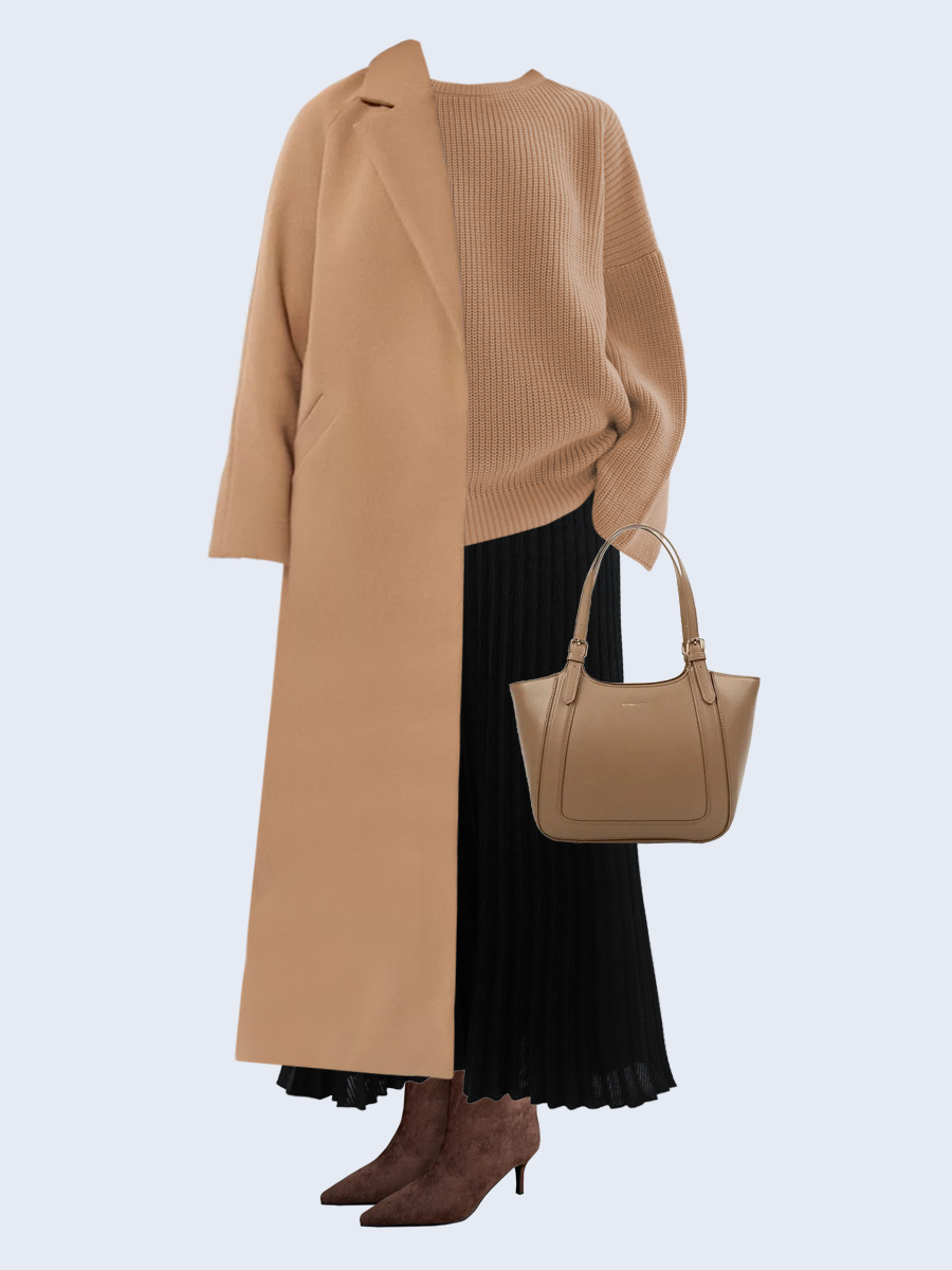 Образ с Вайлдберриз с артикулами (пальто, свитер, юбка, сумка, сапоги)