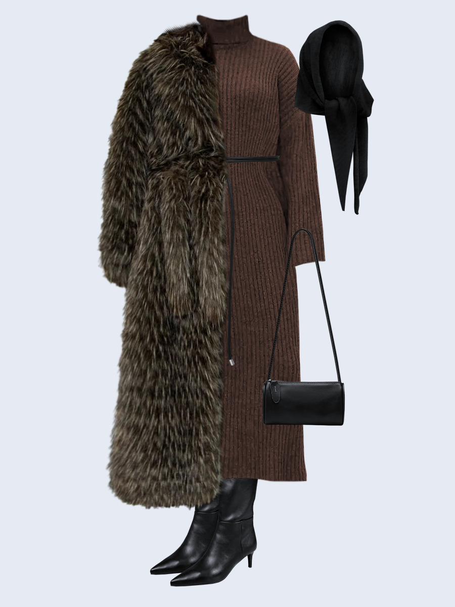 Образ с Вайлдберриз с артикулами (шуба, платье, сумка, сапоги, капор, пояс)