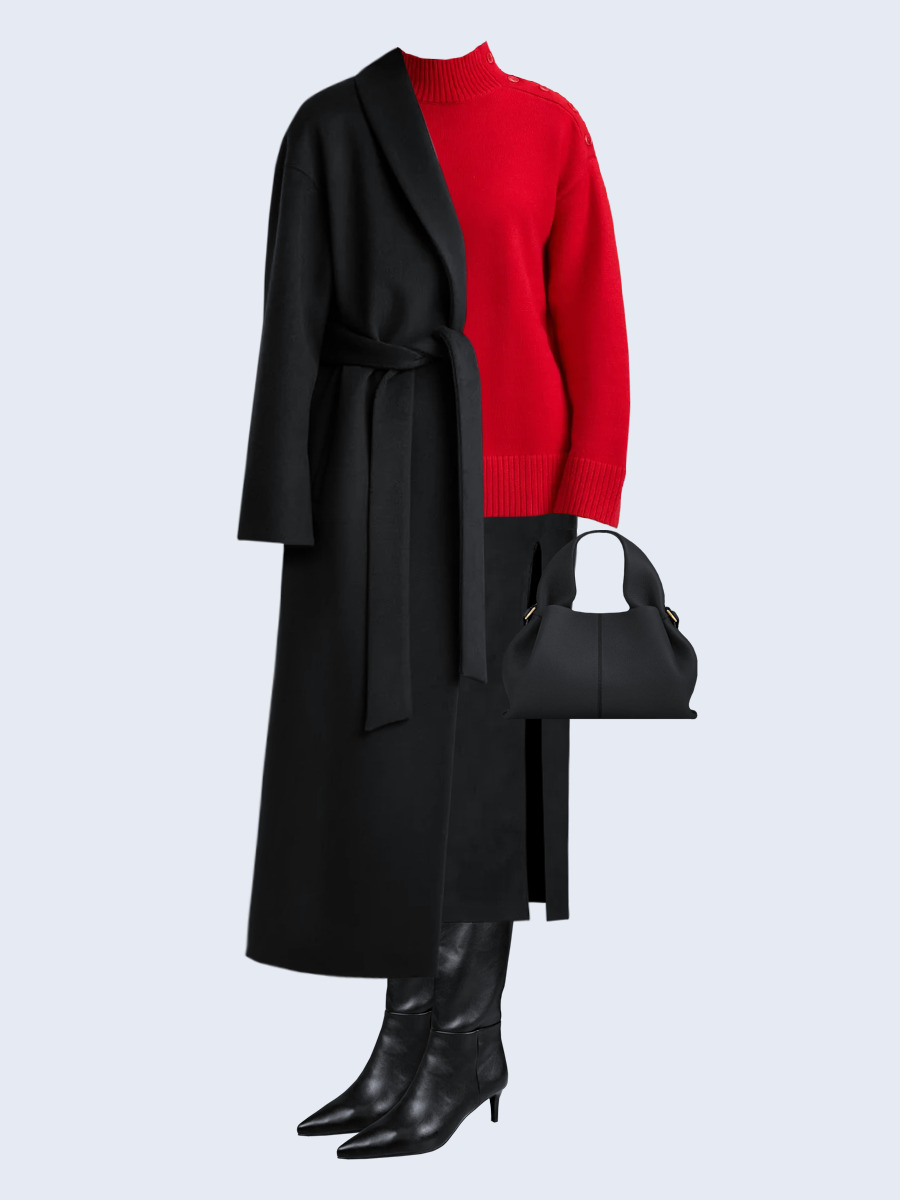 Образ с Вайлдберриз с артикулами (пальто, свитер, юбка, сумка, сапоги)