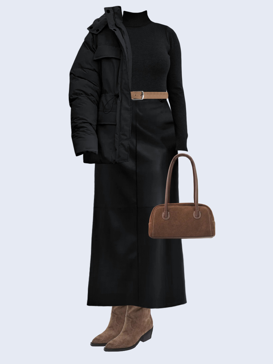 Образ с Вайлдберриз с артикулами (куртка, водолазка, юбка, сумка, сапоги, ремень)