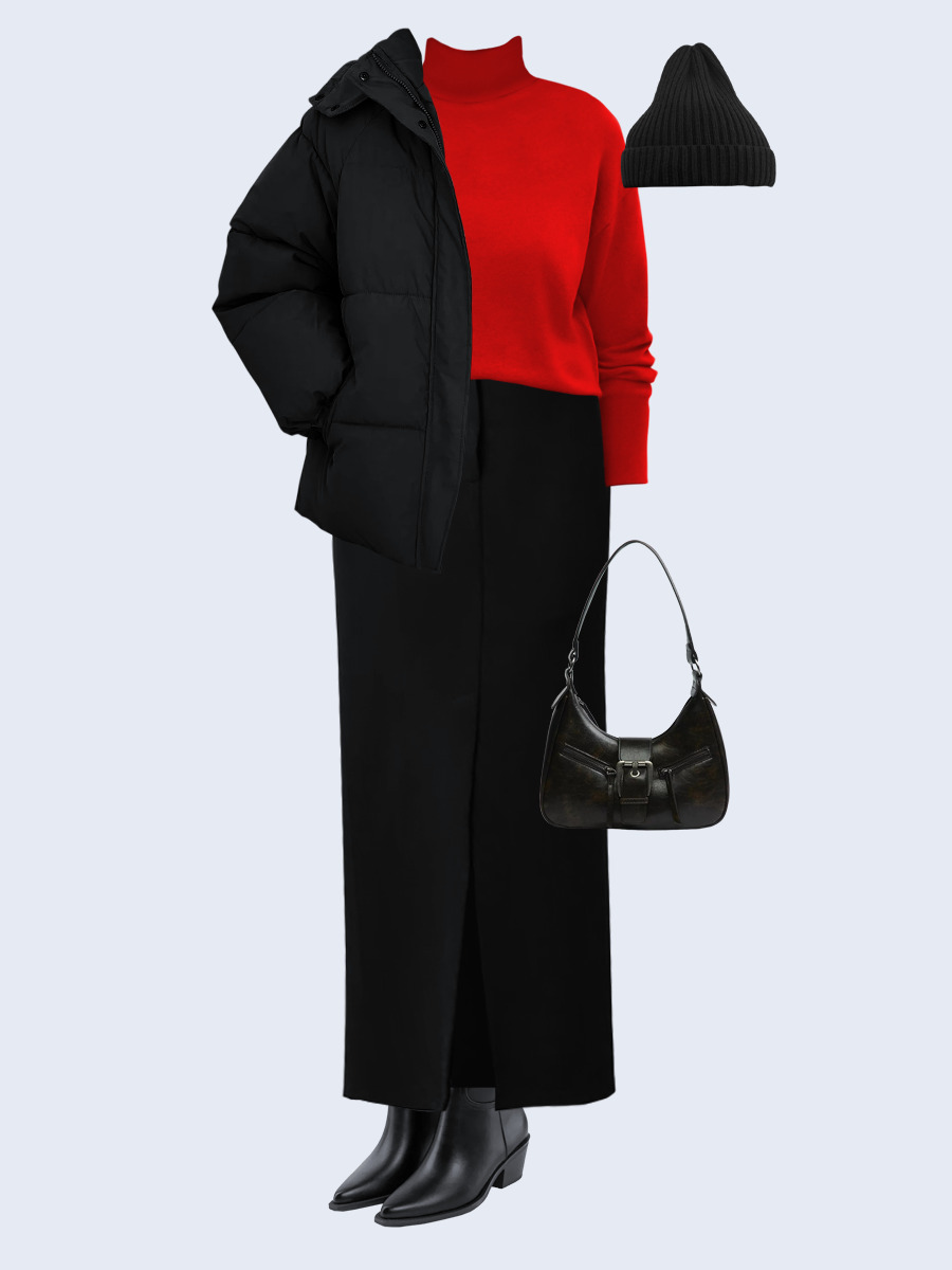 Образ с Вайлдберриз с артикулами (куртка, джемпер, юбка, сумка, сапоги, шапка)