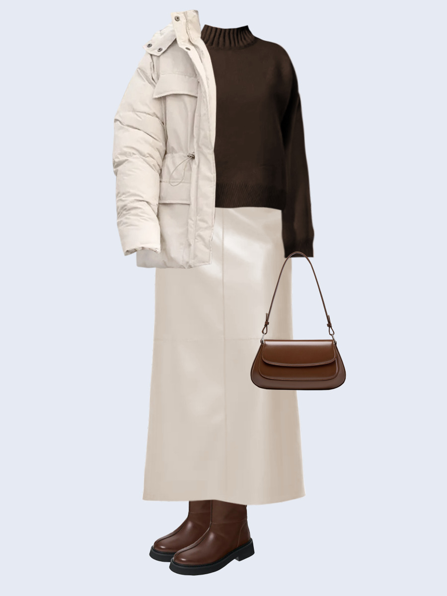 Образ с Вайлдберриз с артикулами (куртка, свитер, юбка, сумка, сапоги)