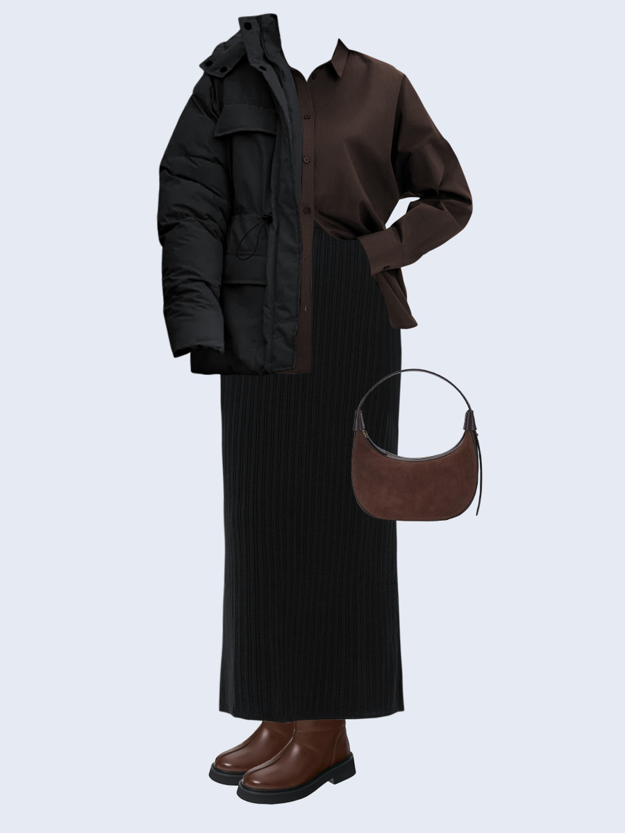 Образ с Вайлдберриз с артикулами (куртка, рубашка, юбка, сумка, сапоги)