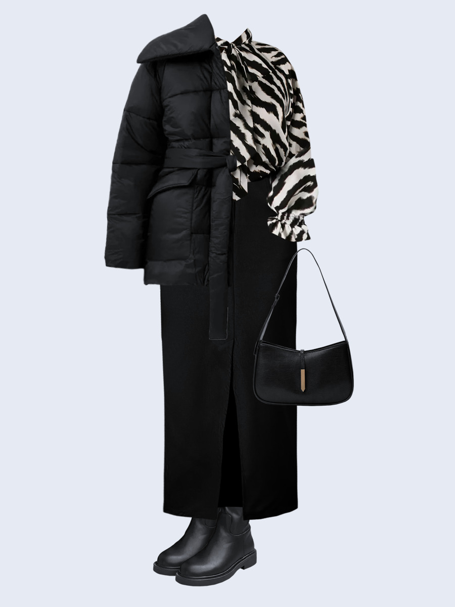 Образ с Вайлдберриз с артикулами (куртка, блуза, юбка, сумка, сапоги)