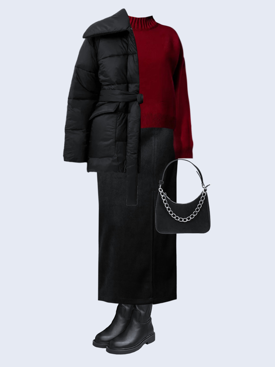 Образ с Вайлдберриз с артикулами (куртка, свитер, юбка, сумка, сапоги)