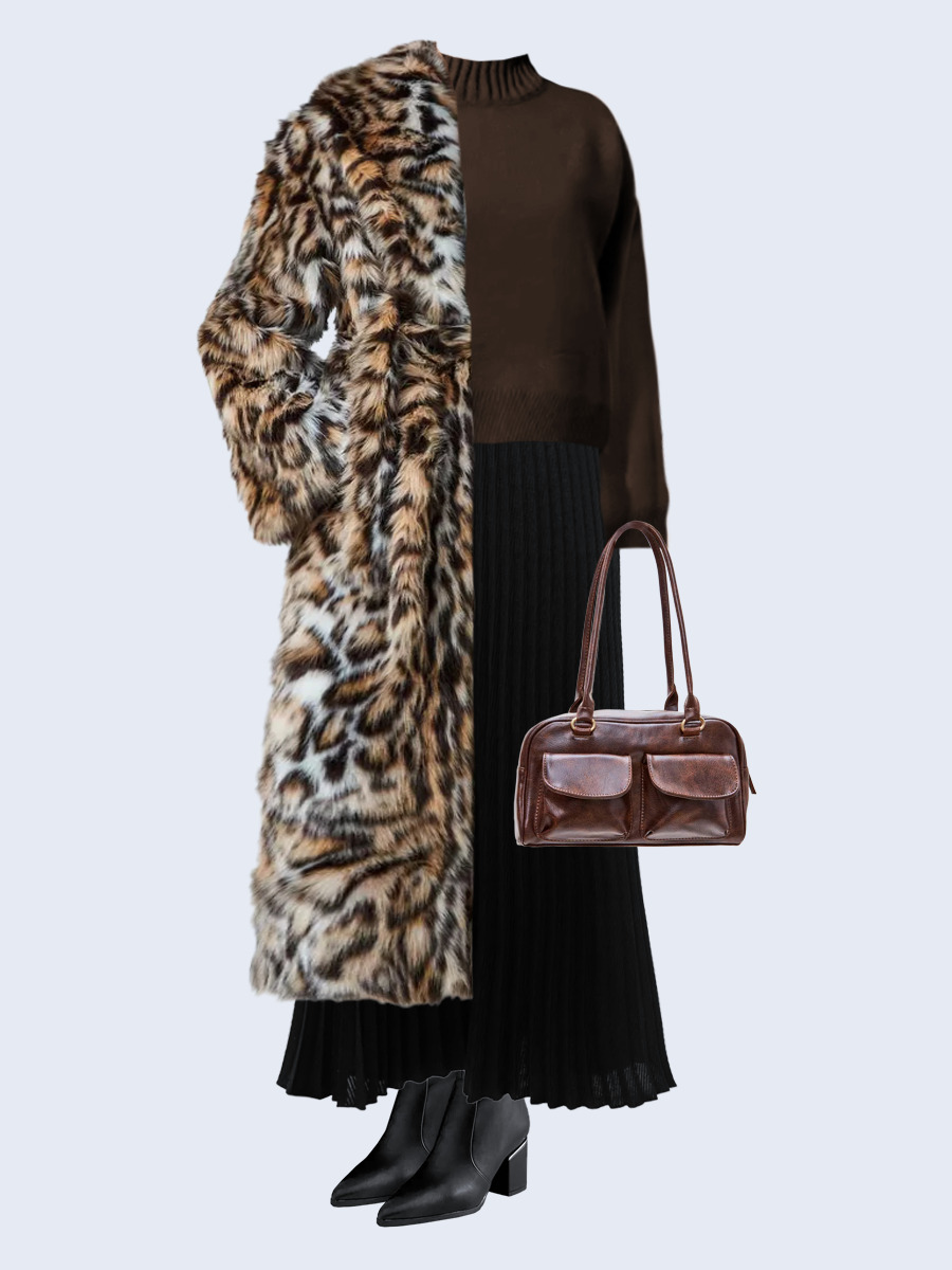 Образ с Вайлдберриз с артикулами (шуба, свитер, юбка, сумка, сапоги)