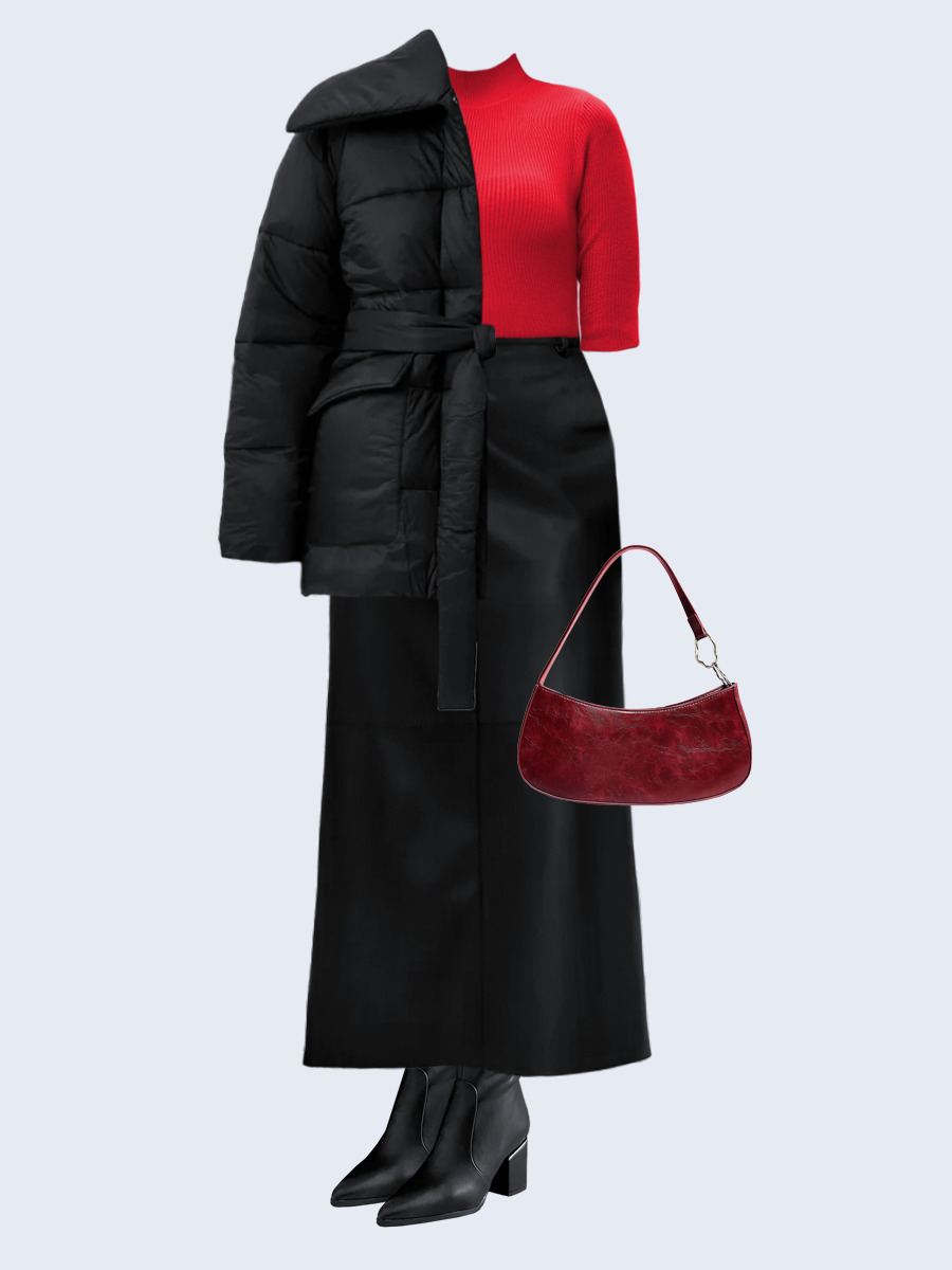 Образ с Вайлдберриз с артикулами (куртка, водолазка, юбка, сумка, сапоги)