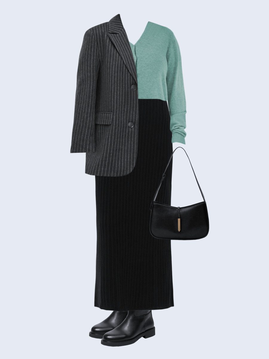 Образ с Вайлдберриз с артикулами (пальто, кардиган, юбка, сумка, сапоги)