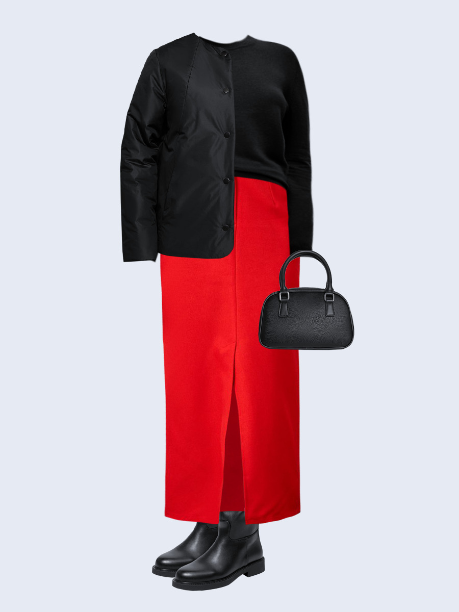 Образ с Вайлдберриз с артикулами (куртка, джемпер, юбка, сумка, сапоги)