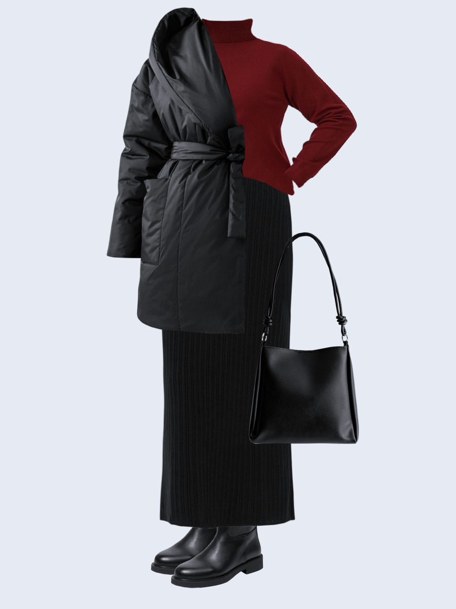 Образ с Вайлдберриз с артикулами (куртка, водолазка, юбка, сумка, сапоги)