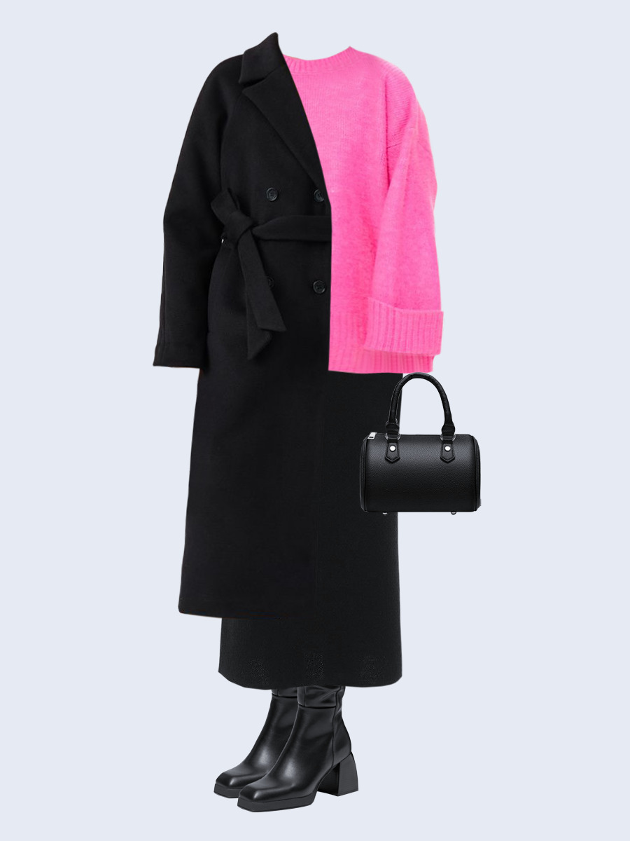 Образ с Вайлдберриз с артикулами (пальто, свитер, юбка, сумка, сапоги)