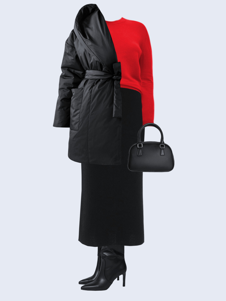 Образ с Вайлдберриз с артикулами (куртка, джемпер, юбка, сумка, сапоги)