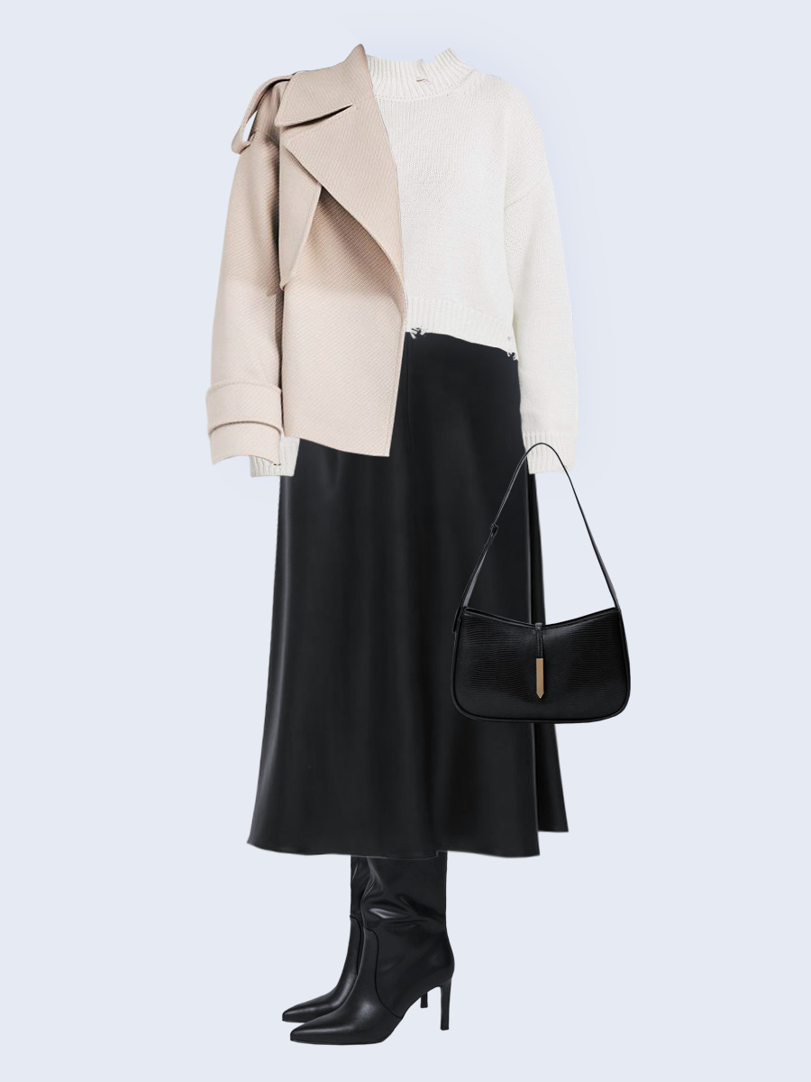 Образ с Вайлдберриз с артикулами (пальто, джемпер, юбка, сумка, сапоги)