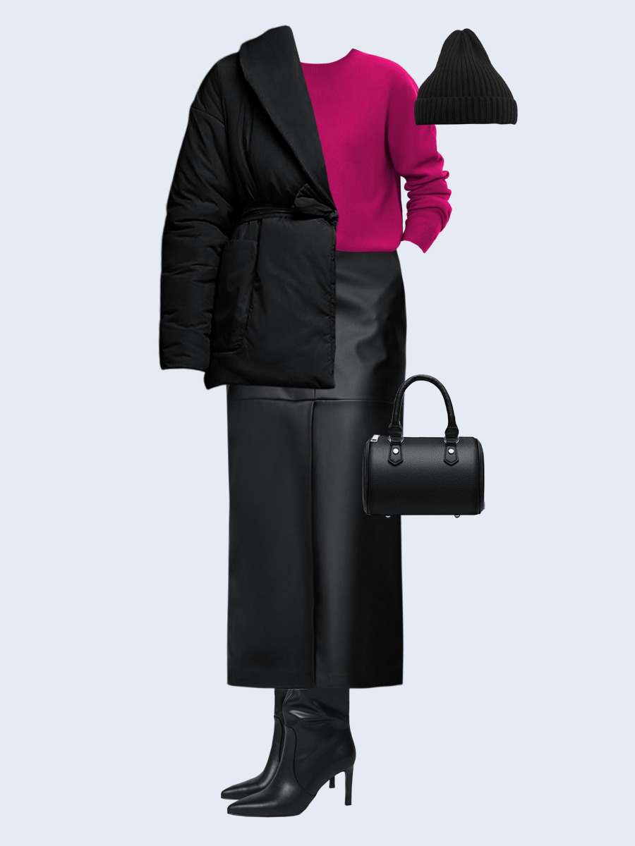 Образ с Вайлдберриз с артикулами (куртка, джемпер, юбка, сумка, сапоги, шапка)