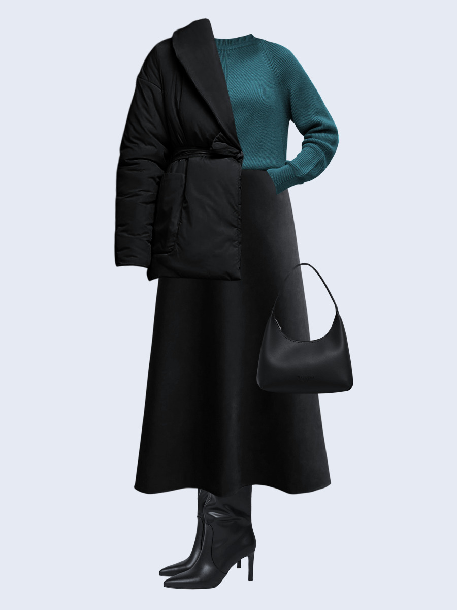 Образ с Вайлдберриз с артикулами (куртка, джемпер, юбка, сумка, сапоги)