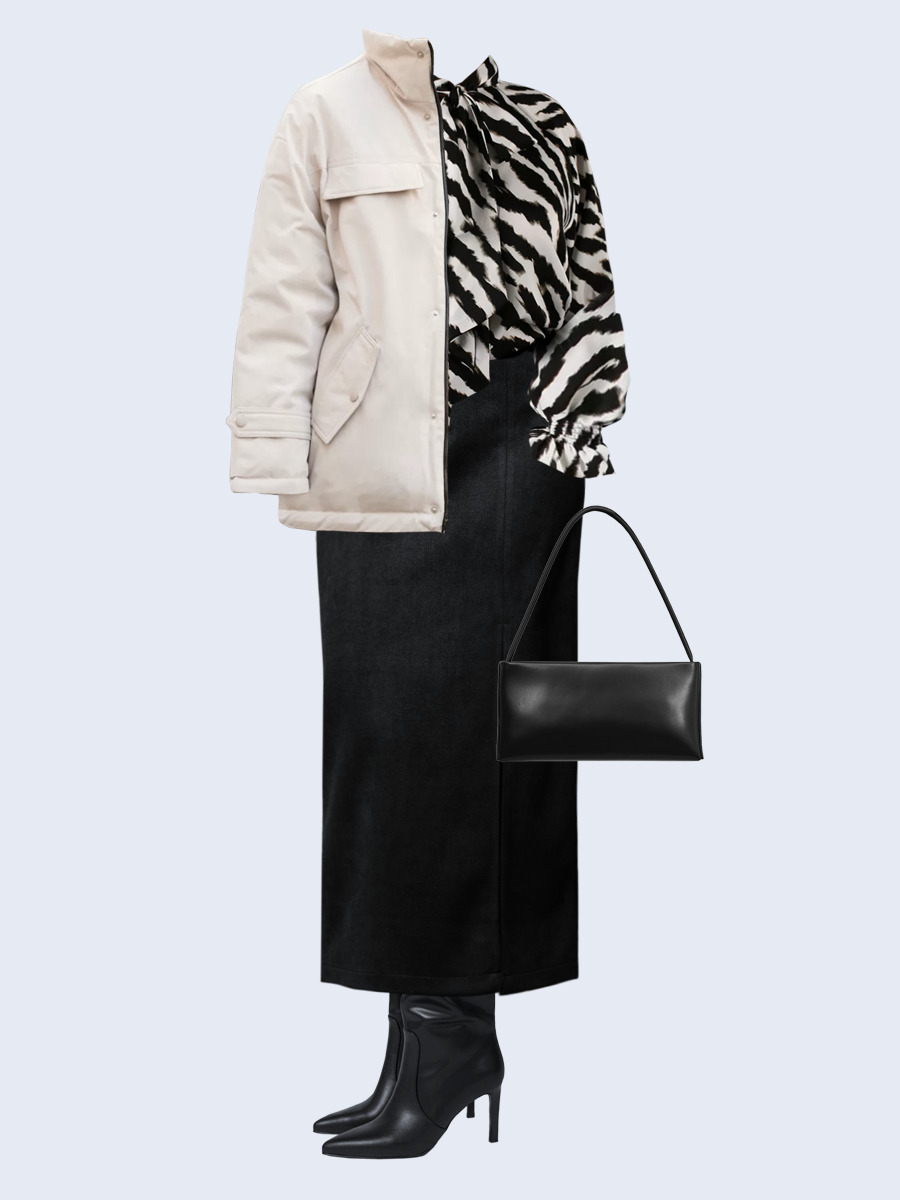 Образ с Вайлдберриз с артикулами (куртка, блуза, юбка, сумка, сапоги)