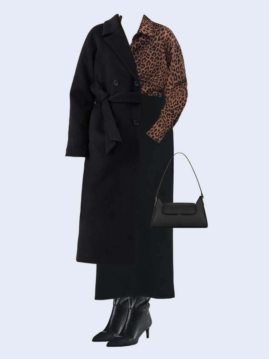 Образ с Вайлдберриз с артикулами (пальто, рубашка, юбка, сумка, сапоги)