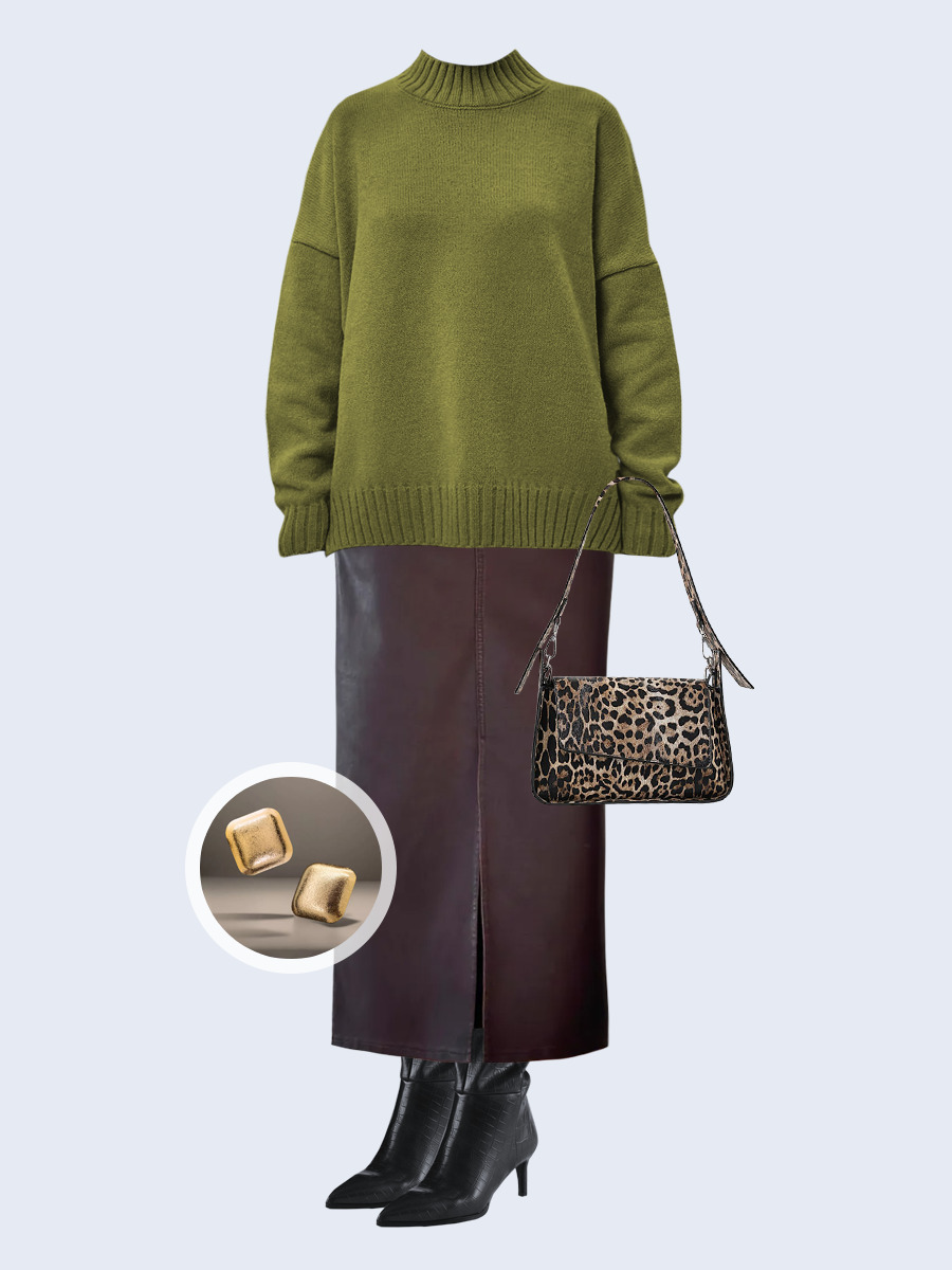 Образ с Вайлдберриз с артикулами (свитер, юбка, сумка, сапоги, серьги)