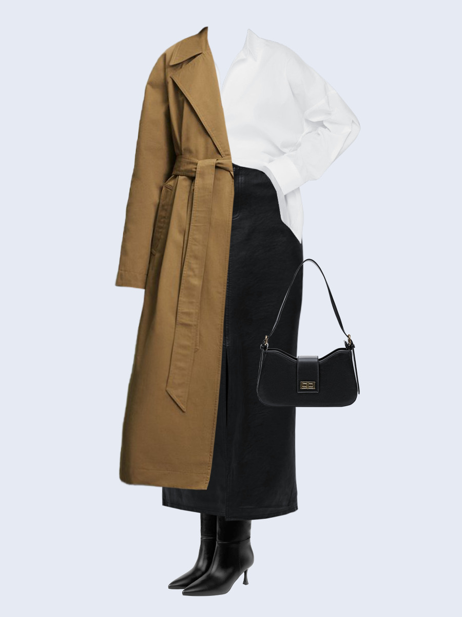 Образ с Вайлдберриз с артикулами (плащ, рубашка, юбка, сумка, сапоги)