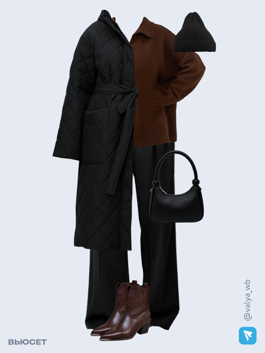Образ с Вайлдберриз с артикулами (пальто, свитер, брюки, сумка, ботильоны, шапка)