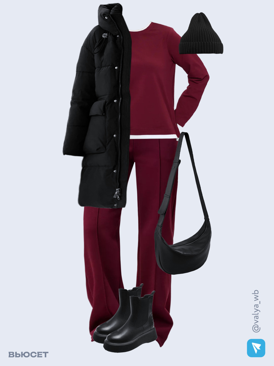 Образ с Вайлдберриз с артикулами (куртка, лонгслив, брюки, сумка, ботинки, шапка)