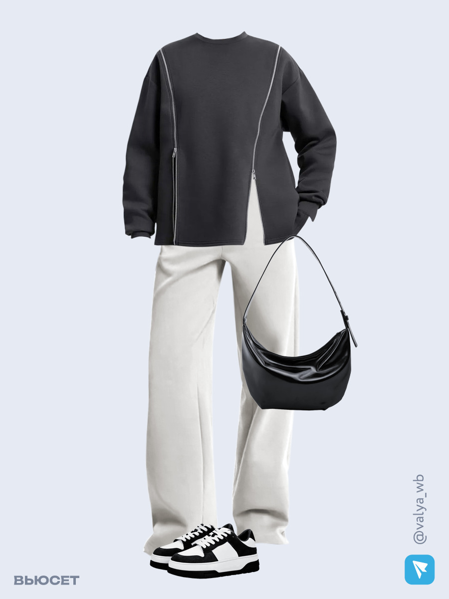Образ с Вайлдберриз с артикулами (свитшот, брюки, сумка, кеды)