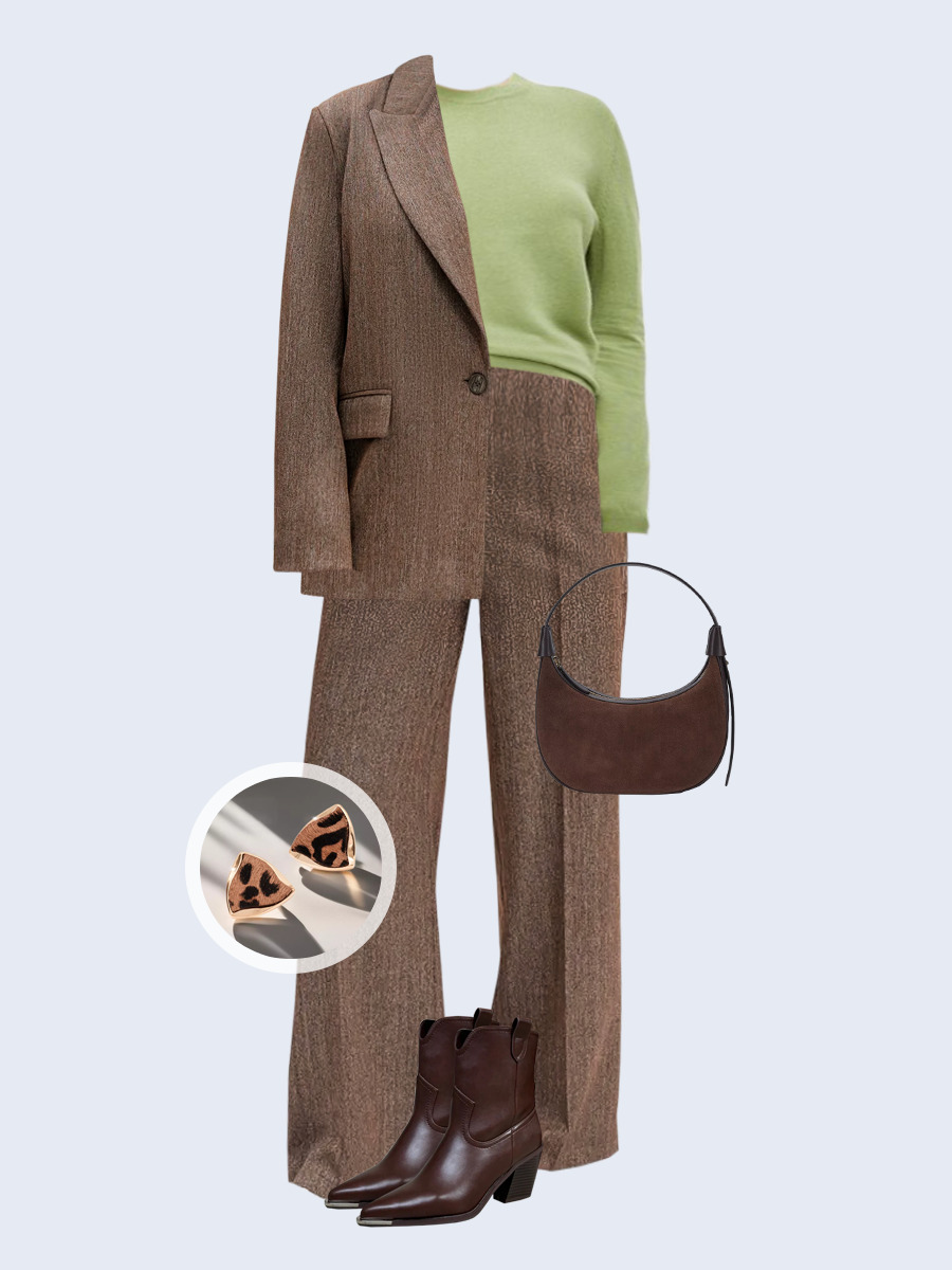Образ с Вайлдберриз с артикулами (костюм, джемпер, сумка, ботильоны, серьги)