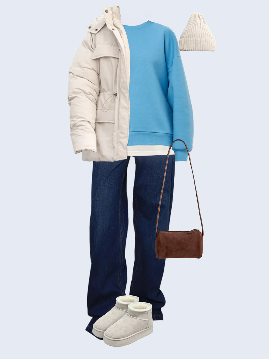 Образ с Вайлдберриз с артикулами (куртка, свитшот, футболка, джинсы, сумка, угги, шапка)