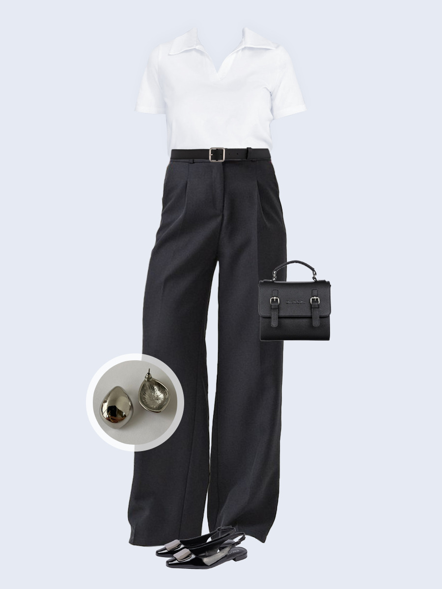 Образ с Вайлдберриз с артикулами (футболка, брюки, сумка, туфли, серьги, ремень)