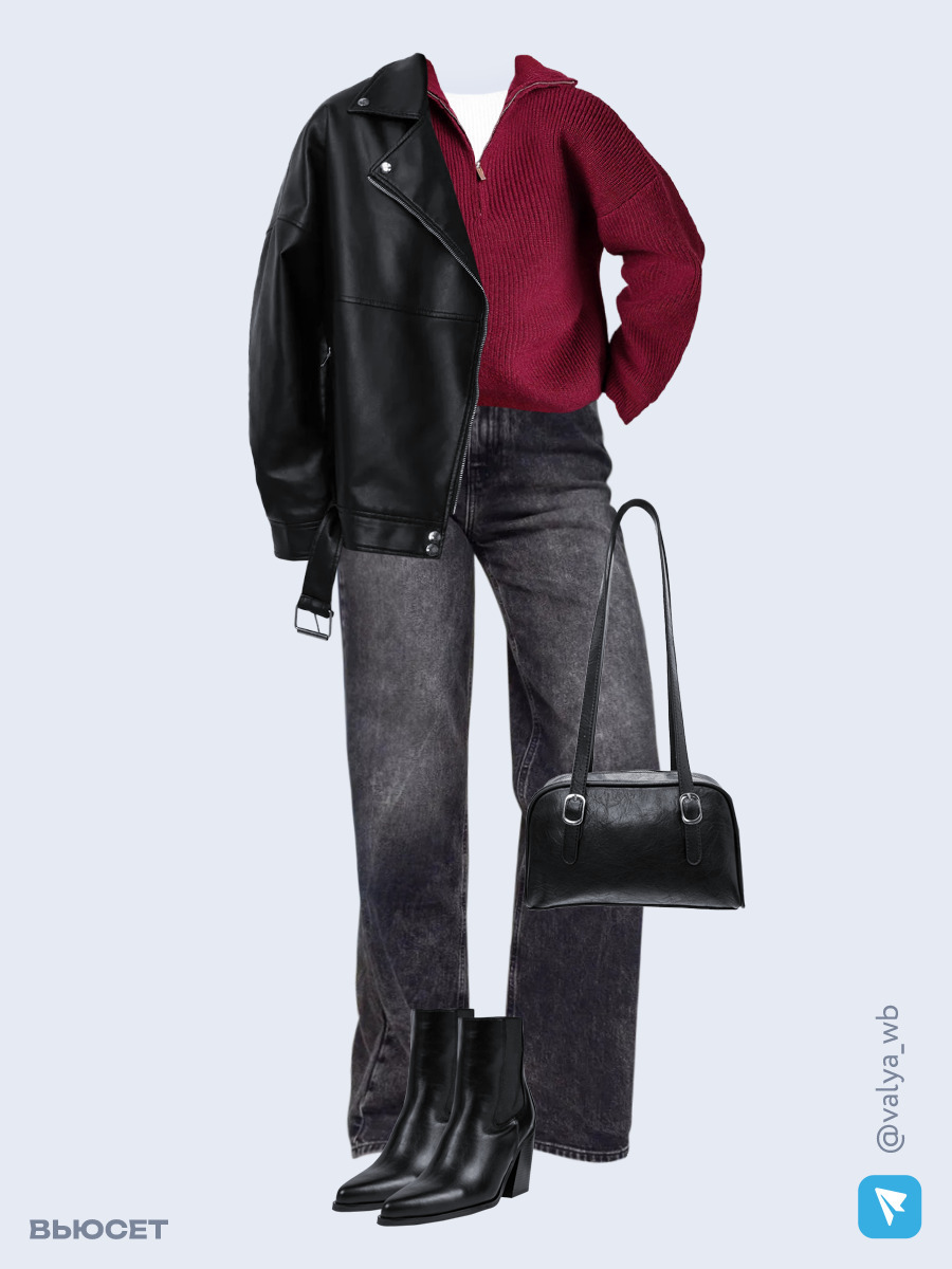 Образ с Вайлдберриз с артикулами (куртка, свитер, топ, джинсы, сумка, ботильоны)