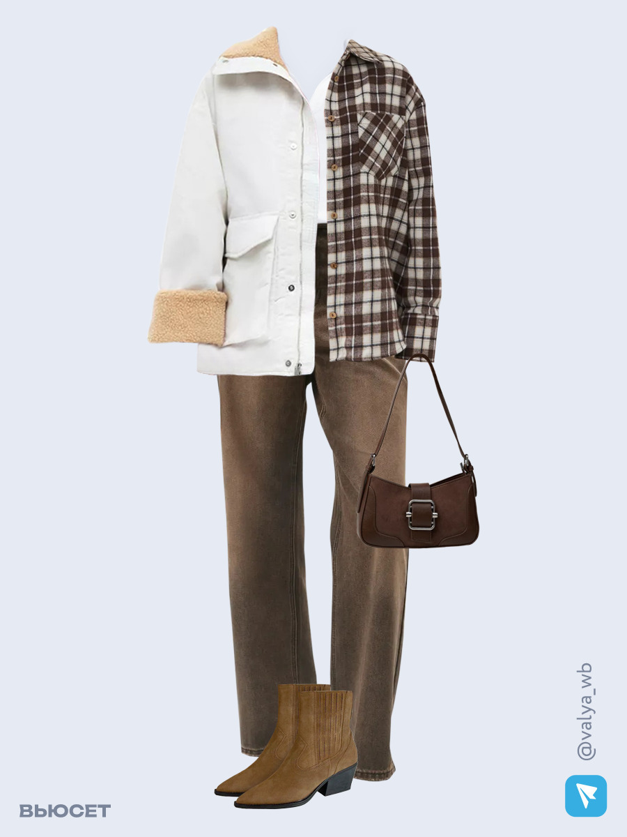 Образ с Вайлдберриз с артикулами (куртка, рубашка, футболка, джинсы, сумка, ботильоны)