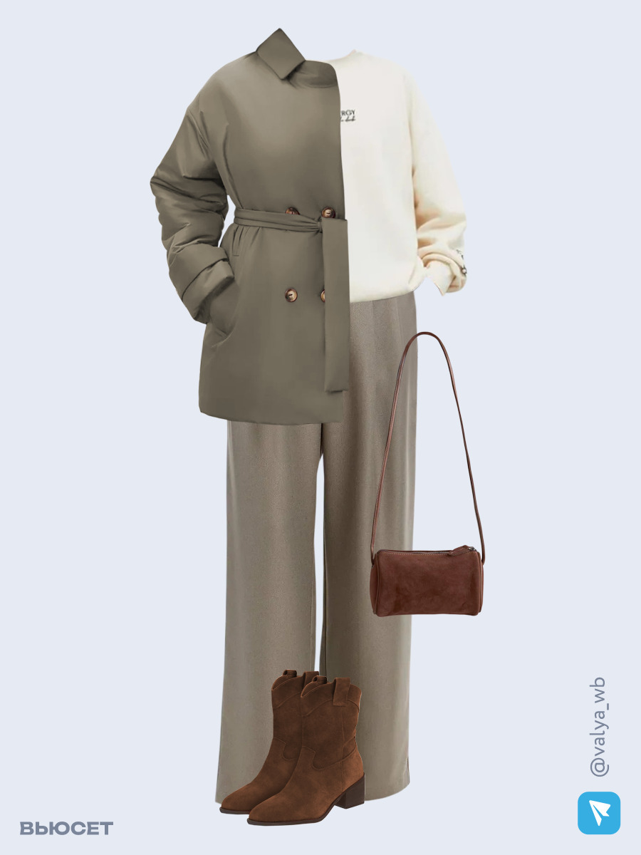 Образ с Вайлдберриз с артикулами (куртка, свитшот, брюки, сумка, ботильоны)