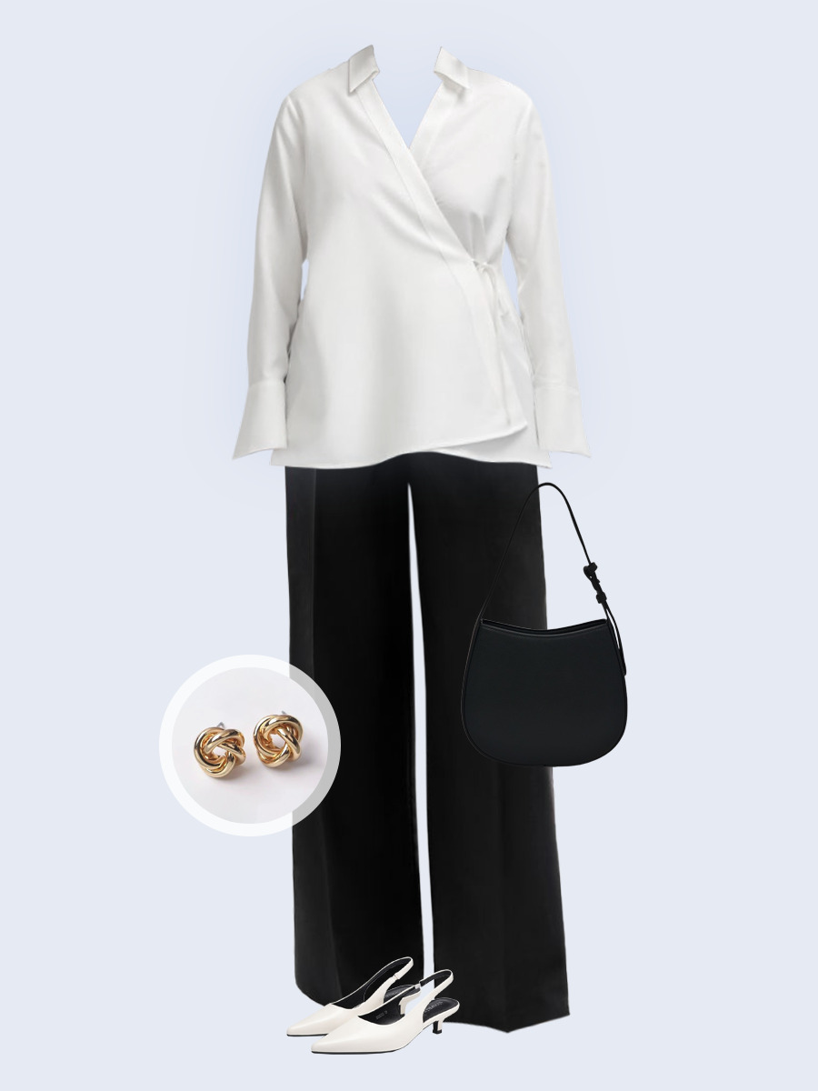 Образ с Вайлдберриз с артикулами (блузка, брюки, сумка, туфли, серьги)