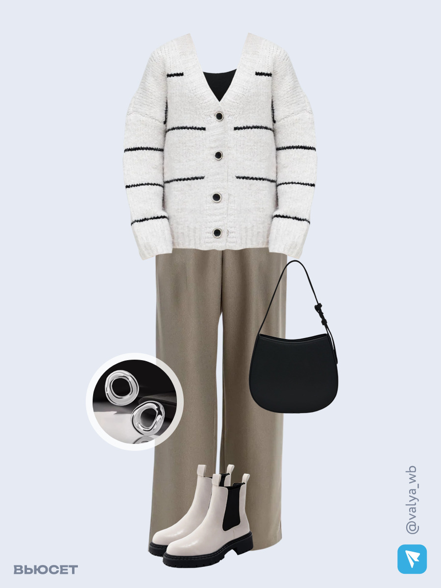 Образ с Вайлдберриз с артикулами (кардиган, лонгслив, брюки, сумка, ботинки, серьги)