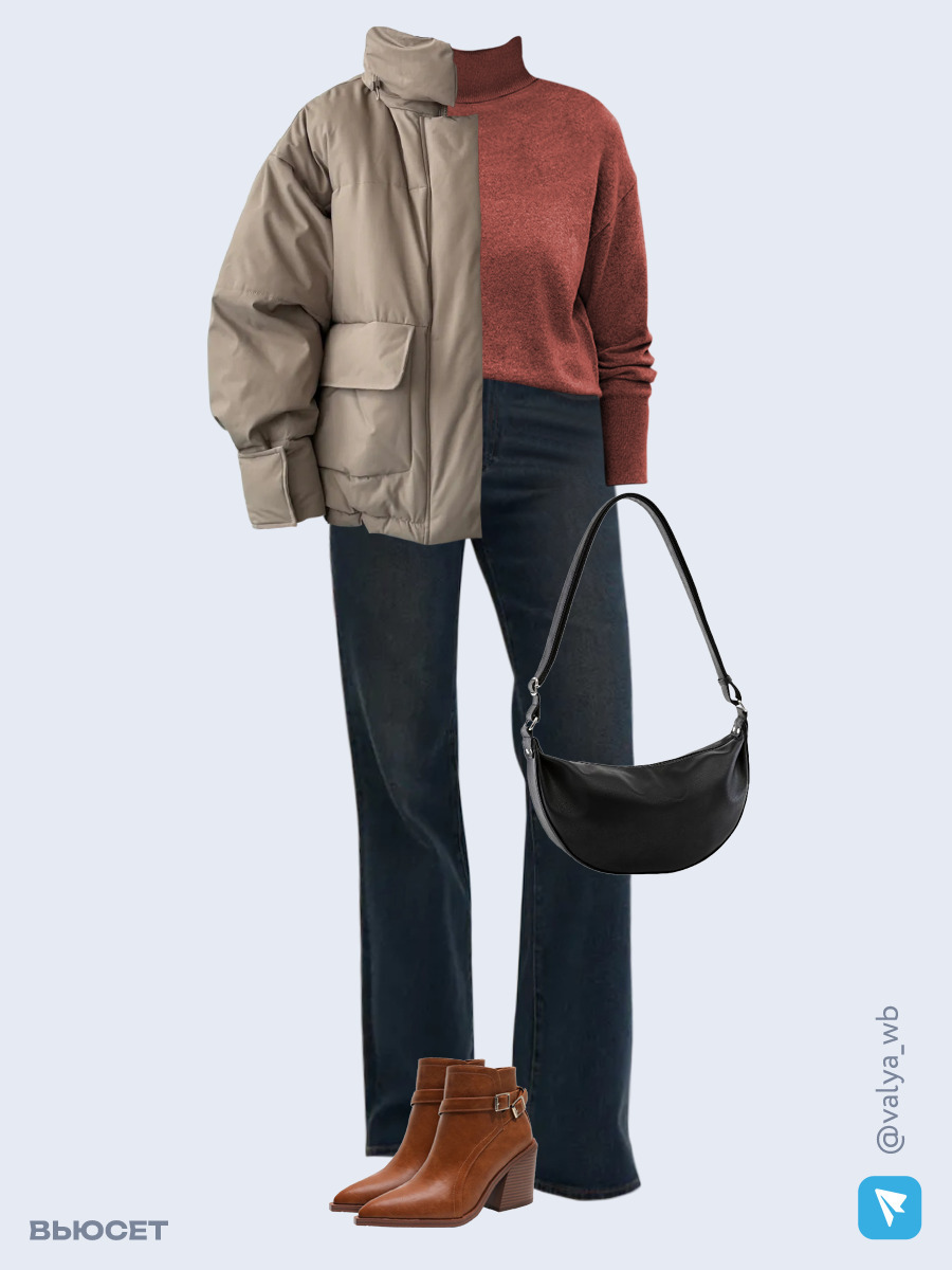 Образ с Вайлдберриз с артикулами (куртка, джемпер, джинсы, сумка, ботильоны)