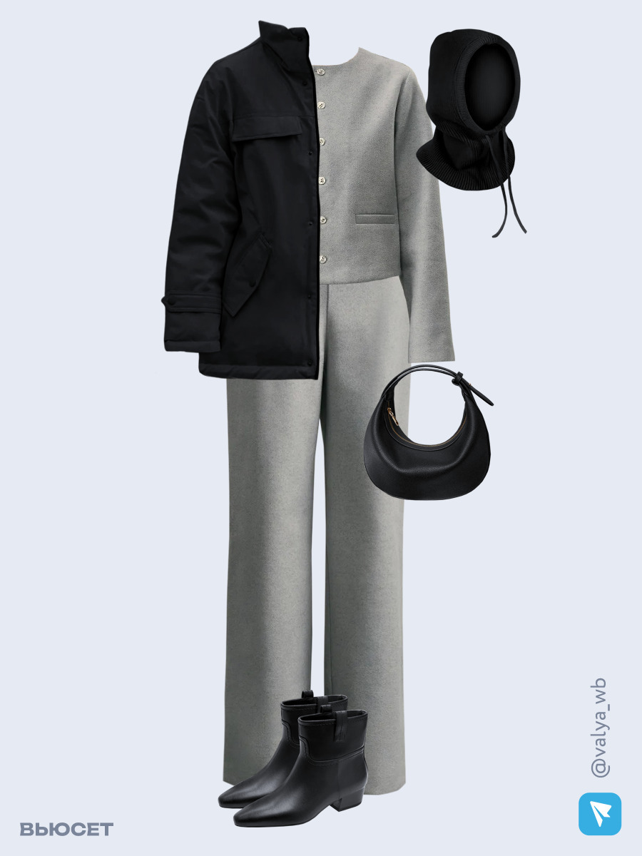 Образ с Вайлдберриз с артикулами (куртка, жакет, брюки, сумка, ботинки, капор)