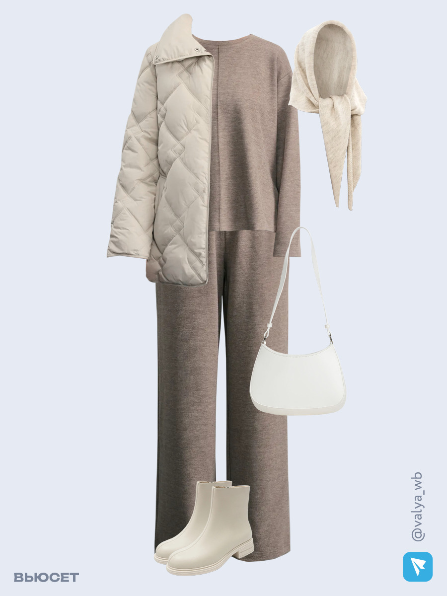 Образ с Вайлдберриз с артикулами (куртка, джемпер, брюки, сумка, ботинки, капор)