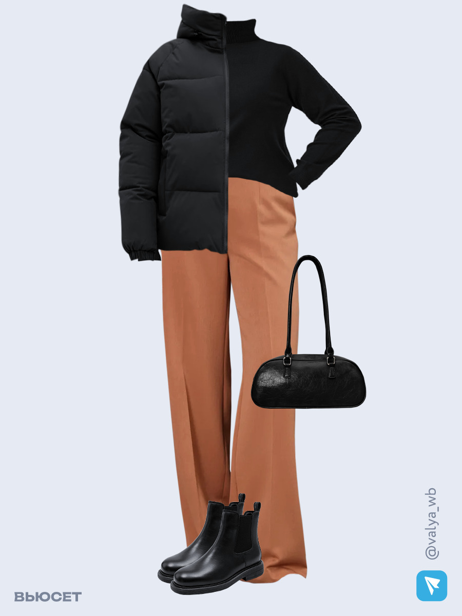 Образ с Вайлдберриз с артикулами (куртка ❄️, водолазка, брюки, сумка, ботинки)