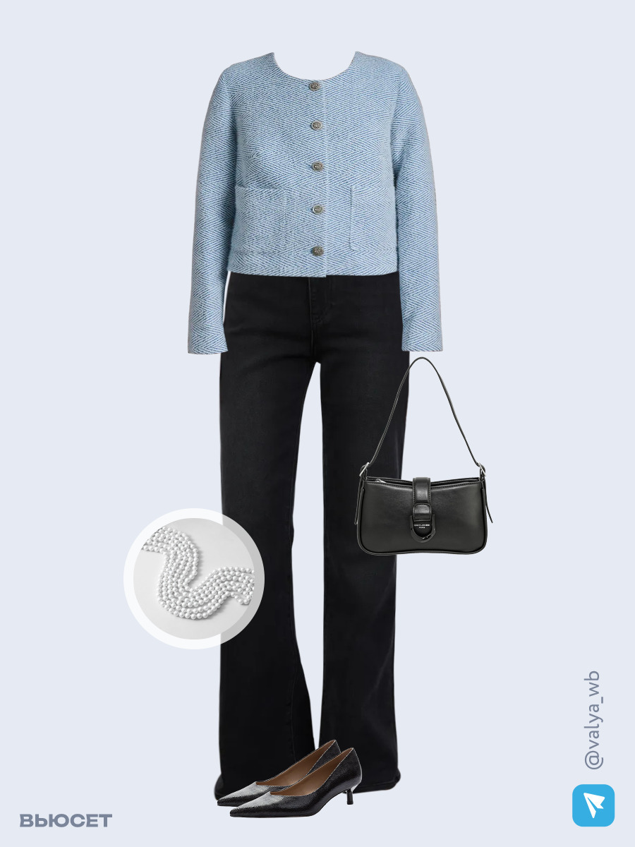 Образ с Вайлдберриз с артикулами (жакет, топ, джинсы, сумка, туфли, бусы)