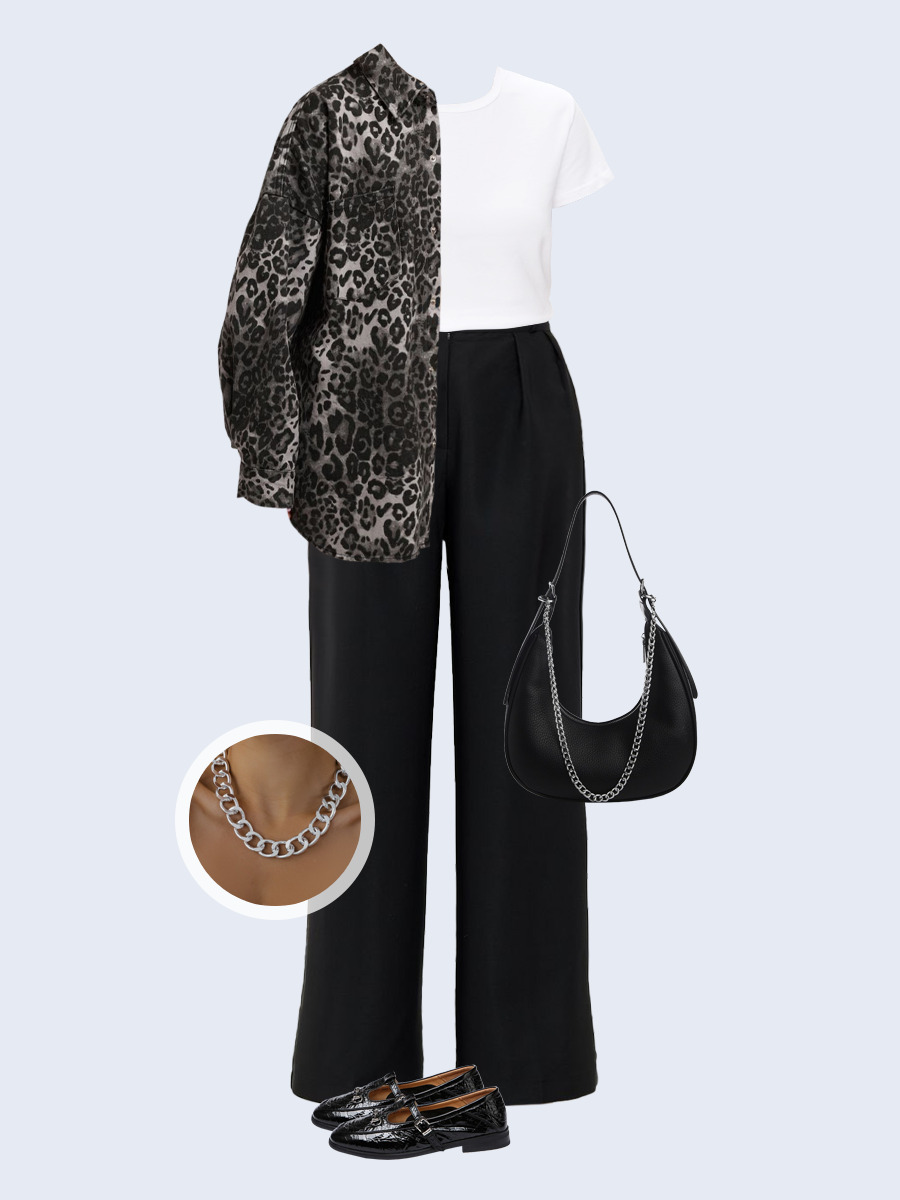 Образ с Вайлдберриз с артикулами (куртка, футболка, брюки, сумка, лоферы, колье)