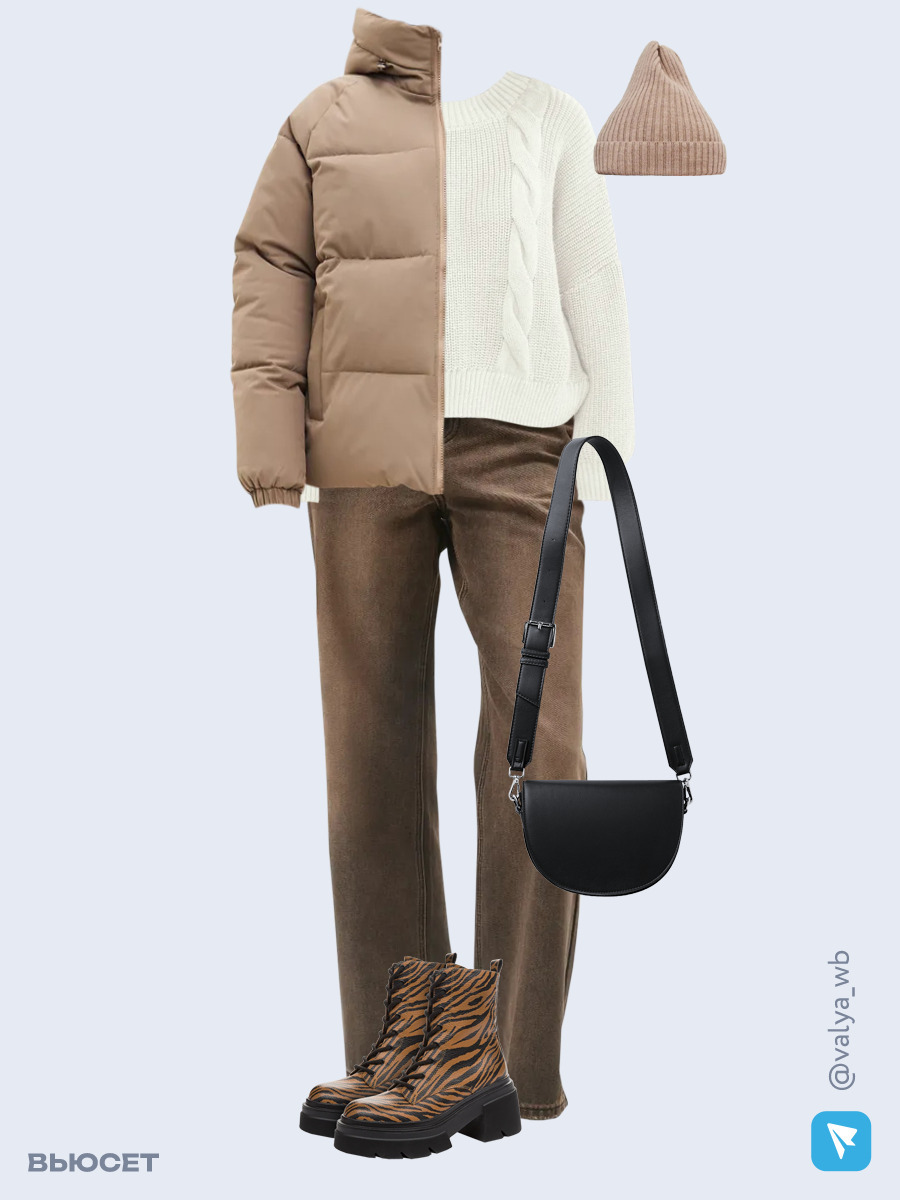 Образ с Вайлдберриз с артикулами (куртка ❄️, свитер, джинсы, сумка, ботинки, шапка)