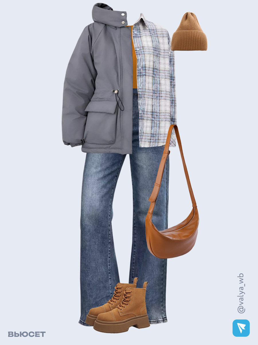 Образ с Вайлдберриз с артикулами (куртка, рубашка, топ, джинсы, сумка, ботинки, шапка)