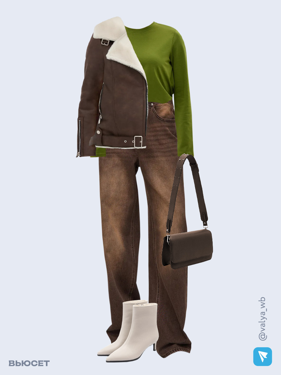 Образ с Вайлдберриз с артикулами (дубленка, лонгслив, джинсы, сумка, ботильоны)