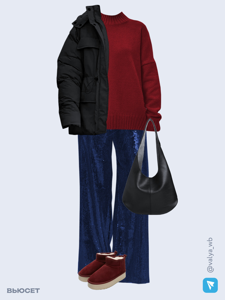 Образ с Вайлдберриз с артикулами (куртка, свитер, брюки, сумка, угги)