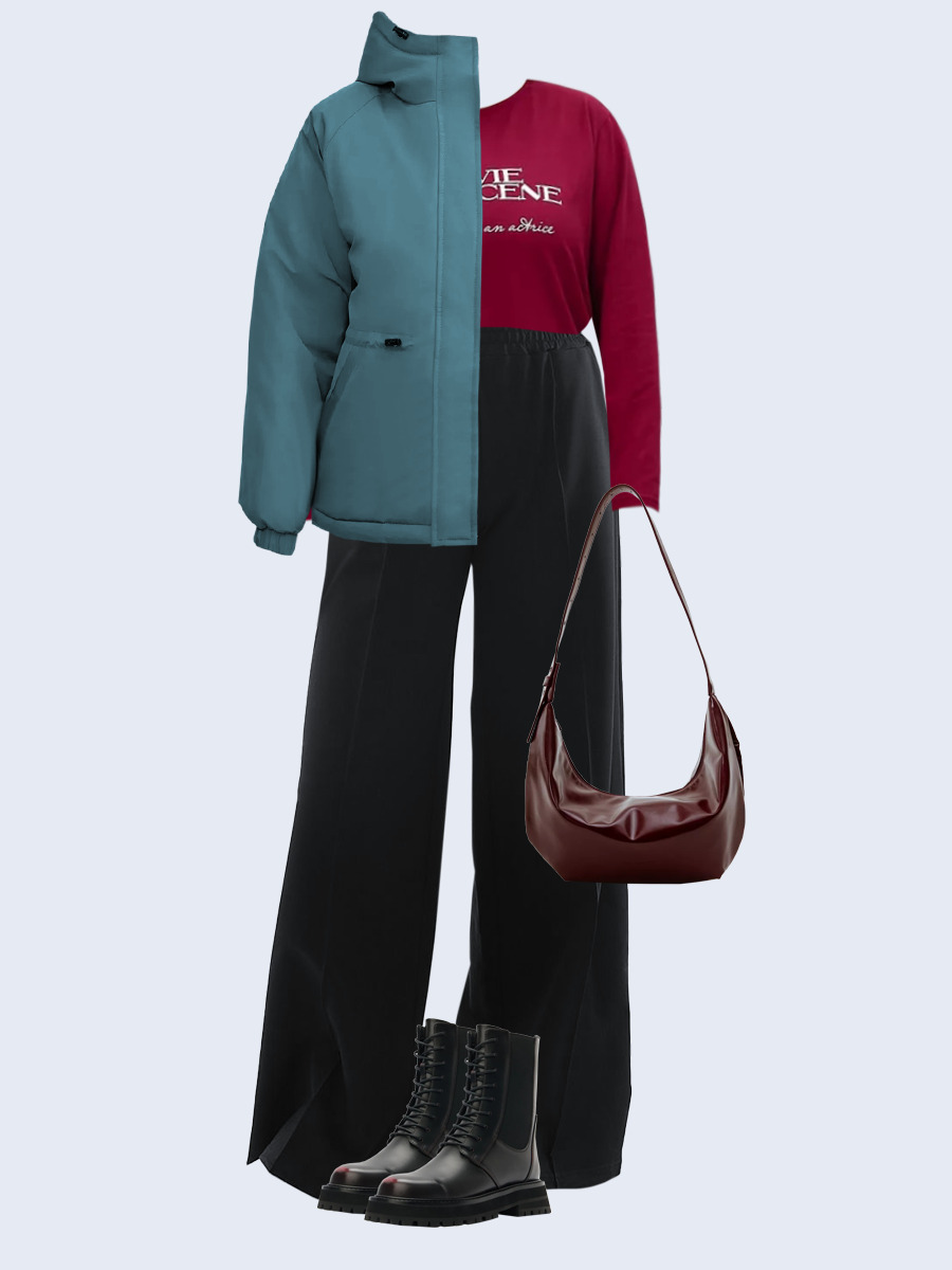 Образ с Вайлдберриз с артикулами (куртка, лонгслив, брюки, сумка, ботинки)